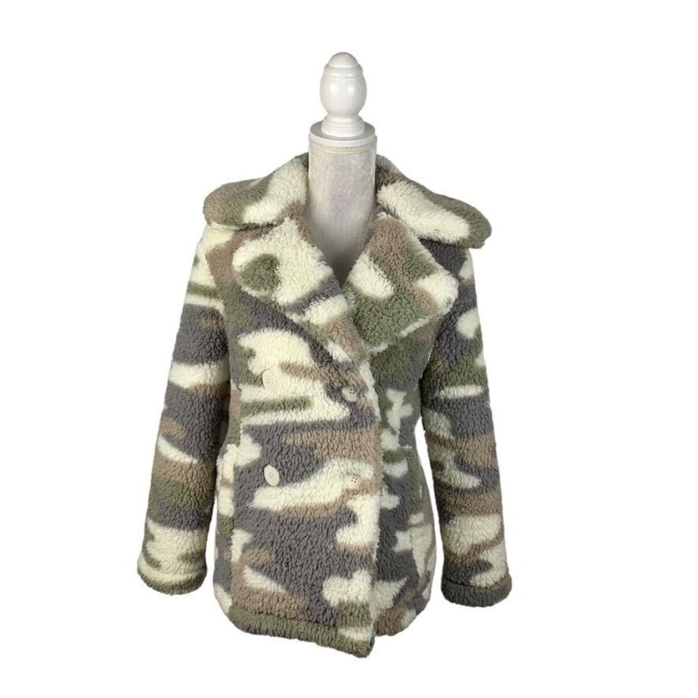 Z Supply Double Breasted Camo Sherpa Jacket Teddy Bear Coat Notched Collar XS